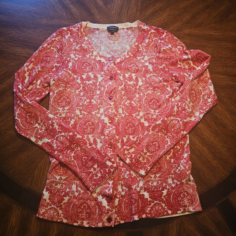 Talbots Red and Cream Pure Merino Wool Women's Cardigan Size M